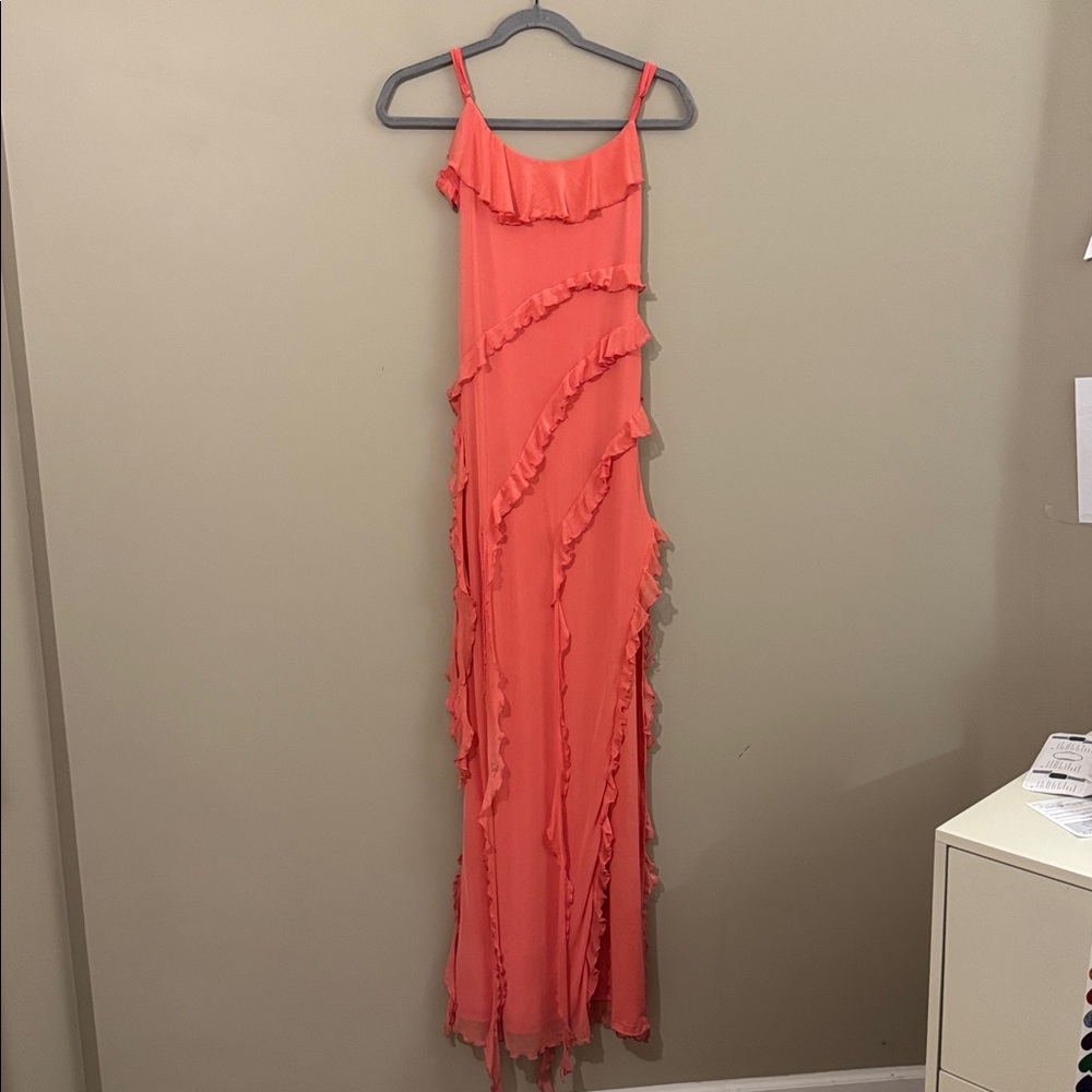 NWT- Princess Polly High Slit Ruffle Dress, Coral, size 8 - Picture 5 of 12
